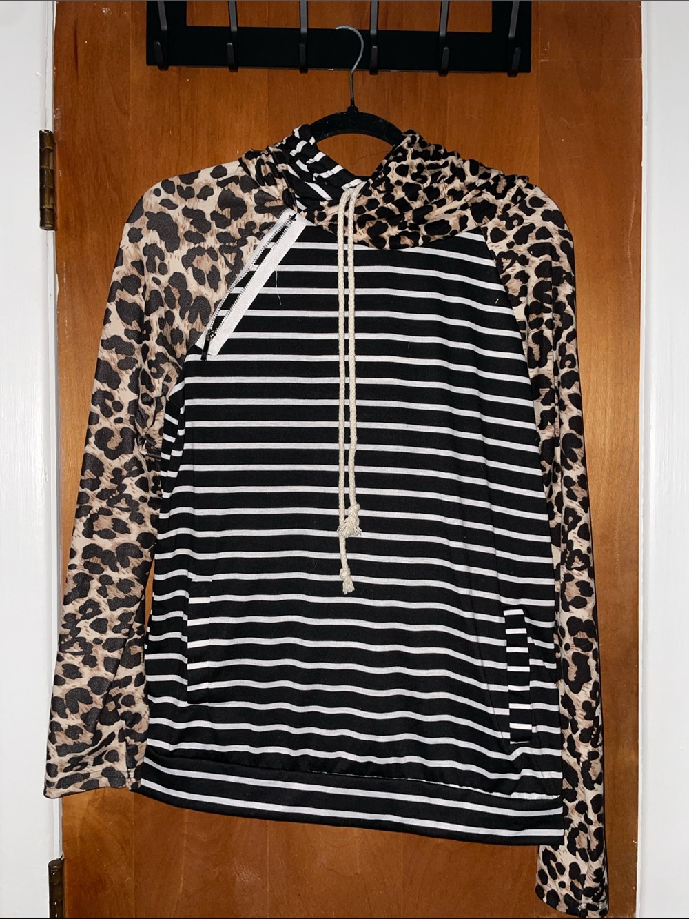 Leopard Sleeve Black & White Striped Hoodie
